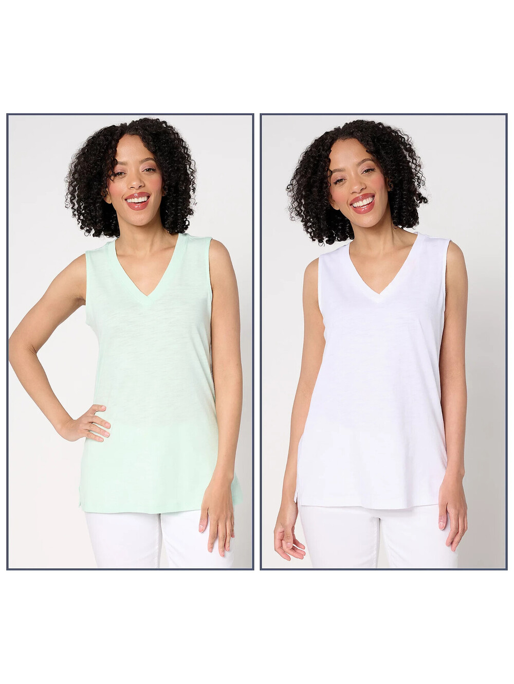 Belle by Kim Gravel Slub Knit Set of 2 V-Neck Tank Top Seafoam/White, Size 2X